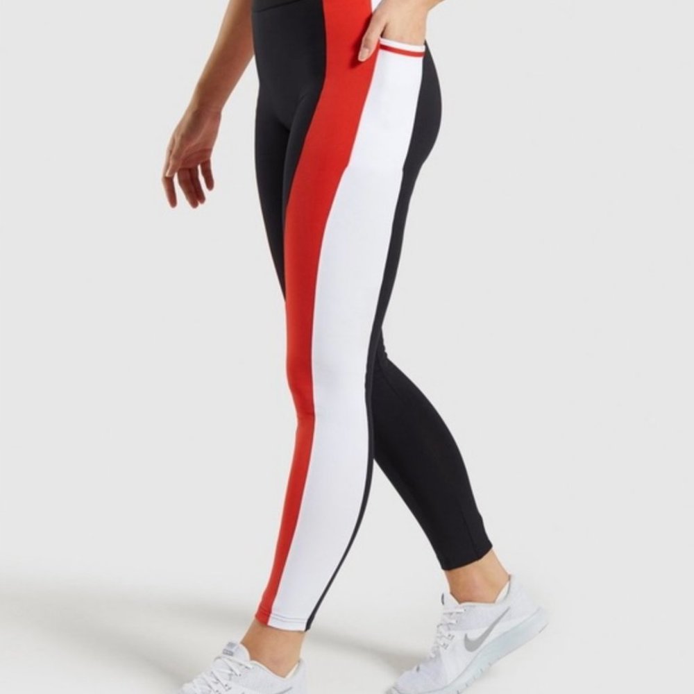 GYMSHARK Red, Black, & White Color Block Leggings